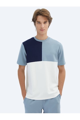 Mavi Düz Bisiklet Yaka T-shirt Mavi