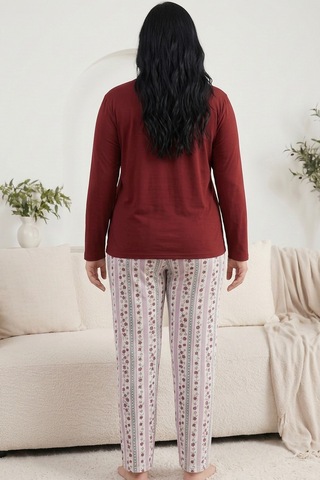 Siyah İnci Nakışlı Düğmeli Pamuklu Likralı Büyük Beden Battal Boy Örme Pijama Takım 26240948 Bordo