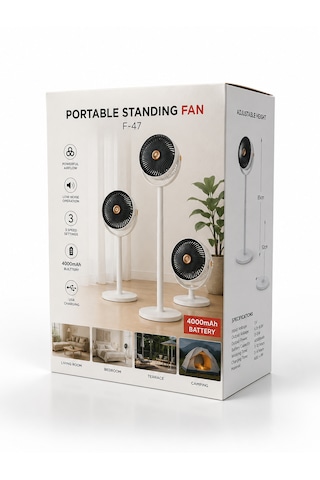 Vantilatör 3 Kademeli Ayaklı Fan 10 Watt Sessiz Çalışma Şarjlı Bataryalı 4000 Mah Type C Port