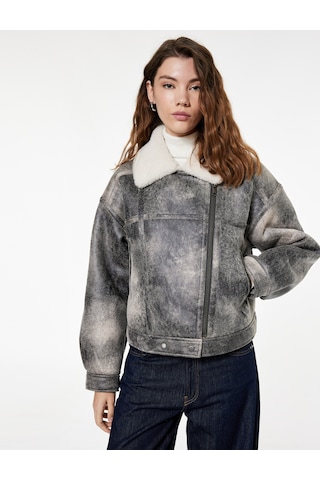 Koton Cepli Fermuarlı Eskitilmiş Süet Görünümlü İçi Suni Kürklü Crop Biker Mont Gri 6wak20063ew Gri