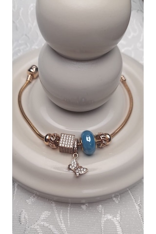 Uzel Xuping Gold Altın Renk Küp Taşlı, Mavi Boncuklu, Taşlı Kelebek Charmlı Çelik Bileklik Mavi