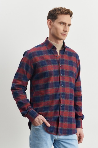 AC&Co / Altınyıldız Classics Comfort Fit Geniş Kesim Düğmeli Yaka %100 Pamuk Flanel Oduncu Gömlek 4A2023100031LBRM Lacivert - Bordo
