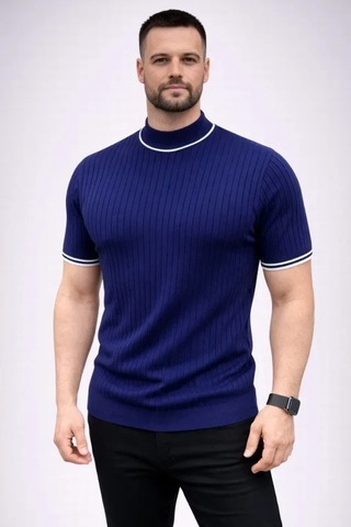 Vexor Erkek Fitilli Triko Dokuma Kısa Kol Tişört Yarım Boğaz Modern Yazlık T-shirt - Lacivert
