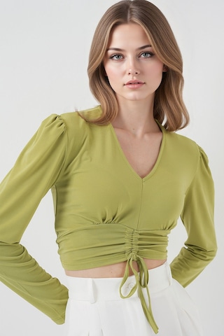 Hiccup Bdart Drapeli V Yaka Dikişli Crop Top Yeşil