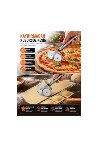 Paslanmaz Çelik Çift Taraflı Pizza Ve Hamur Kesici Metal Ravioli, Börek Ve Kurabiye Kesme Ruleti Gri