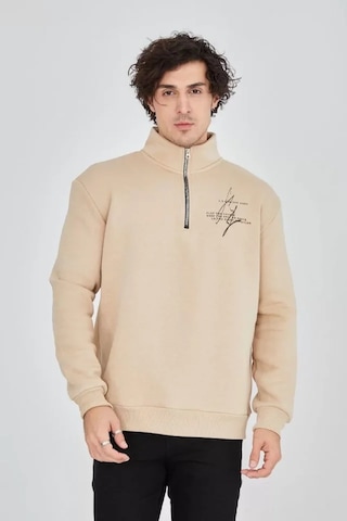 Etiler Collection Erkek Yarım Fermuarlı Baskılı Sweat - Bej