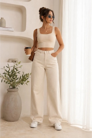 Layal My Beauty Melody Kadın Jeans Wide Leg Rahat Yüksek Bel Salaş Bol Paça Jean Palazzo Denim Kot Pantolon Krem
