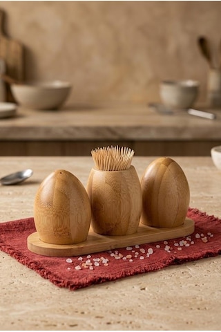 Atbyhome Standlı 4 Parça Bambu Tuzluk Biberlik Kürdanlık Seti 17x7 Cm - Masa Üstü Baharatlık Takımı