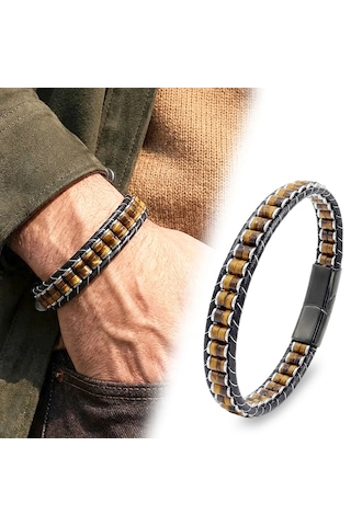 Moncuk Design Kaplan Gözü & Hematit Çelik Örgülü Deri Bileklik 33512b22d1 Kahverengi