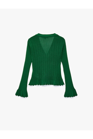 Koton Düğmeli Fırfır Detaylı Uzun İspanyol Kollu V Yaka Ajurlu Triko Hırka Yeşil 7wak90361ht