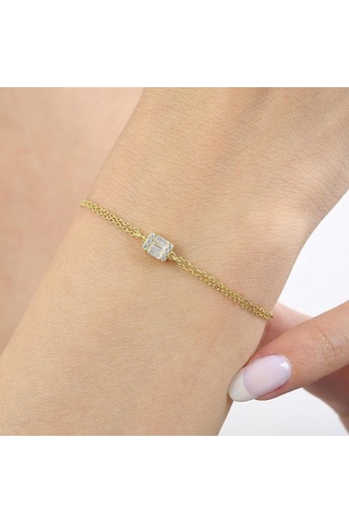 Mia Vento Pırlanta Montür Minimal Dörtgen Baget Gold Renk Gümüş Bileklik