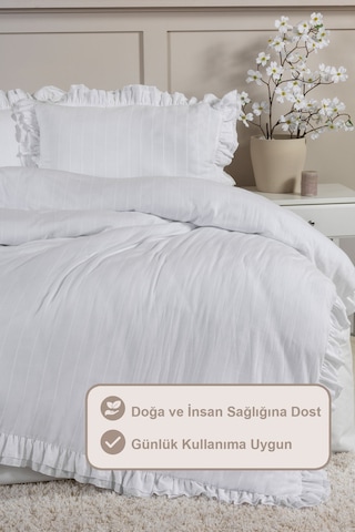 Elart Lotus Nevresim Takımı King Size %100 Pamuk Ranforce Fırfırlı Lastikli Çarşaf 240x220 Cm Beyaz Beyaz