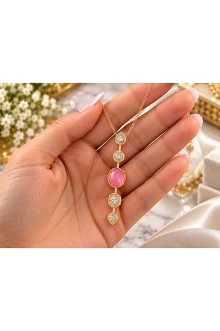 Terragolds Çelik Zincir Pembe Gold Renk Zirkon Taşlı Y Kolye - Bko10556