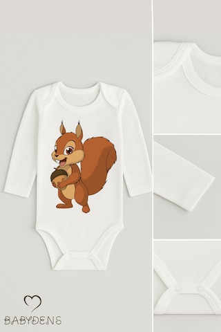 Babyden's Sevimli Hayvan Figürlü %100 Pamuk Uzun Kollu Çıtçıtlı Bebek Body Sincap Beyaz