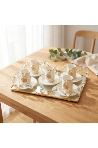 Çnr Home Collection Özel El Yapimi 6 ' Lı Porselen Inci Taşli Çiçek Broşlü Gold Kahve Fincan Takimi Gold