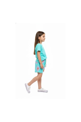 Toontoy Kids Toontoy Kız Çocuk 2'li Şortlu Takım Bisiklet Yaka Kısa Kollu Baskılı Tişört - Beli Lastikli Bağlamalı Baskılı Şort 25035 Mint Yeşili