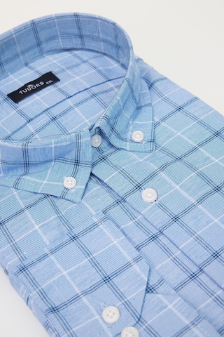 Tudors Büyük Beden Düğmeli Yaka Kareli Pamuklu Mavi Erkek Gömlek-29039-mavi Mavi