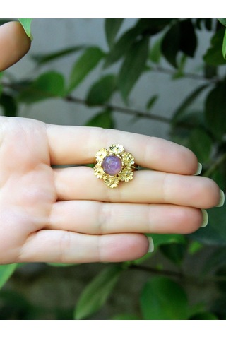 Esha Store Doğal Taş Ametist Doğal Taşlı Çiçek Model Telkari Kadın Ayarlanabilir Altın Kaplama Yüzük Euy61amtg MOR