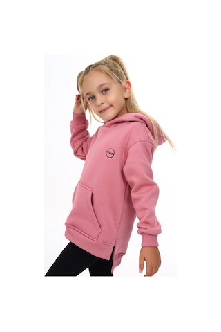 Toontoy Kız Çocuk Oversize Kapüşonlu Cepli Nakış Baskılı Yırtmaçlı Sweatshirt - 3 İplik Şardonlu Gül Kurusu