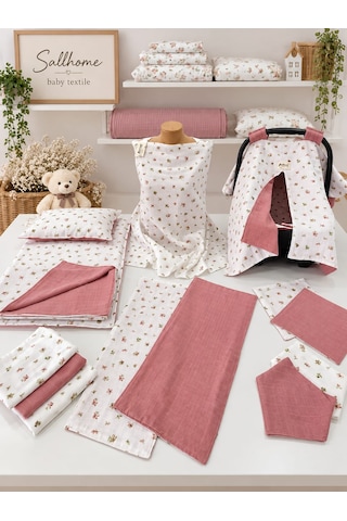 Sallhome Baby 15 Parça Müslin Yenidoğan Bebek Bakım Seti Gül Kurusu Çiçek Desenli Hastane Çıkışı Anne Bebek Seti