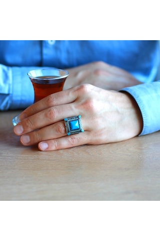 Kare Tasarım Firuze Taşlı Çevresi Mikro Zirkon Taş Mıhlamalı 925 (522640364)