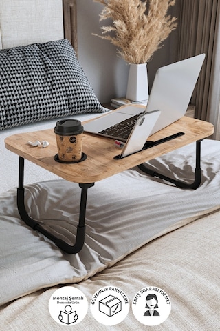 Bofigo Portatif Katlanır Laptop Sehpası Telefon Tutuculu Çam