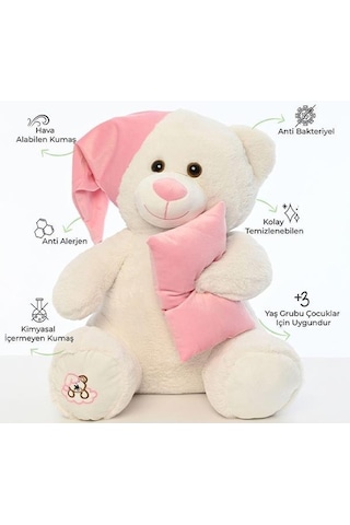 Pufu Toys Pelüş Uyku Arkadaşım Ayıcık 60 Cm Beyaz Pembe 03007 Krem