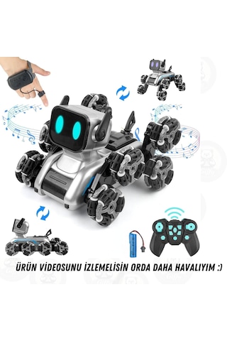 Oyuncak 2.4 Ghz Uzaktan Ve Bilekten Kumandalı Şarjlı 8 Teker Akrobat Robot Köpek Müzikli Ve Led Işık Gri