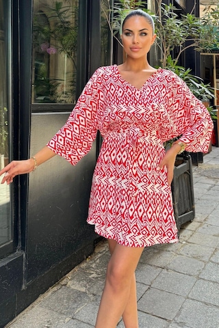 Kadın Kırmızı Etnik Desenli Viskon, Yarasa Kol, Kruvaze Mini Kimono - Kloş Kısa Elbise Kırmızı