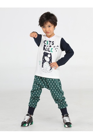 Casabony Cats Rule Erkek Çocuk Pantolon + T-Shirt Takım-Indigo - Beyaz İndigo - Beyaz