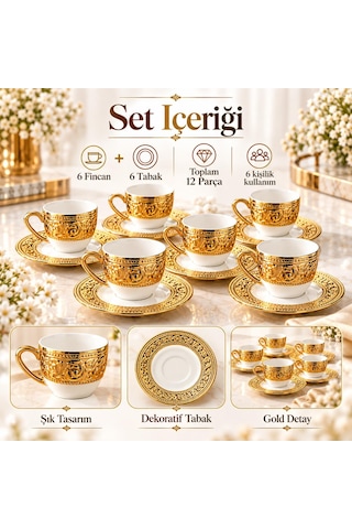 Valkyrie Harem Serisi 6 Kişilik 12 Parça Kahve Fincan Takımı Gold Detaylı Şık Fincan Seti Beyaz Altın