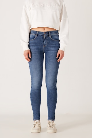 Wrangler High Rise Skinny Fit Dar Kesim Yüksek Bel Çok Dar Paça Mavi Kadın Esnek Jean Denim Kot Pantolon W27H017XT Mavi