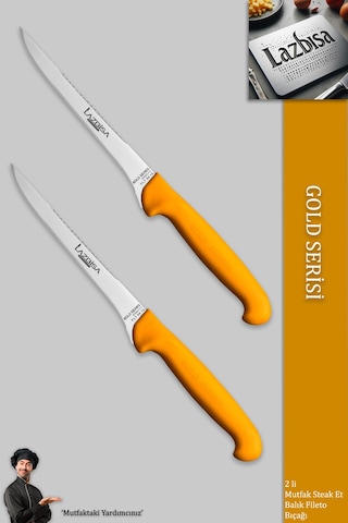 Lazbisa Mft-015 Gold Serisi Mutfak Fileto Bıçağı Steak Bıçak Et Balık Tavuk Fileto Bıçağı 2 Li Set Sarı
