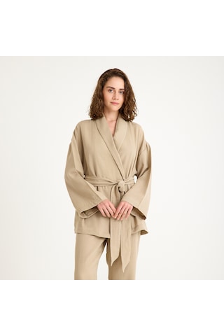 %100 Pamuklu Dokuma Şal Yaka Müslin Kimono-pantolon Alt Üst Takım Bej