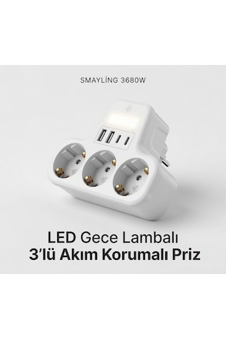 3 Lü Duvar Tipi Akım Korumalı Priz 2 Usb-a + 2 Type-c Girişli Led Gece Lambalı Akıllı Çoklu Priz 0
