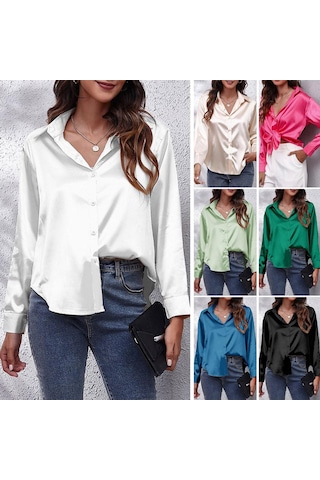 Kadınlar Katı Saten Gömlek Uzun Kollu Düğmeler Casual Gömlek, Renk Siyah