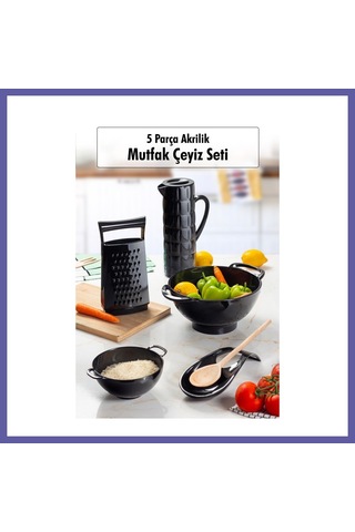 Bezos Akrilik Siyah 5 Parça Sürahi & Rende & Süzgeç & Mini Süzgeç & Kaşıklık & Mutfak Çeyiz Seti Nıda