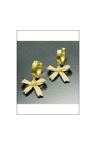 Zirkon Taşlı, Kurdela Figürlü, Paslanmaz Çelik Küpe, Altın Renk Altın