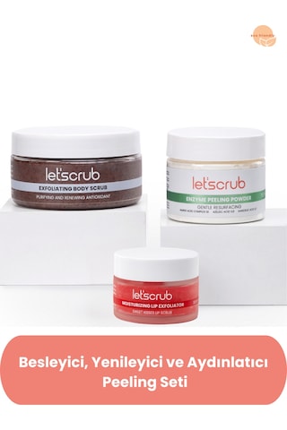Besleyici, Yenileyici Ve Aydınlatıcı Peeling Seti - Body Scrub, Enzyme Peeling Powder, Lip Scrub