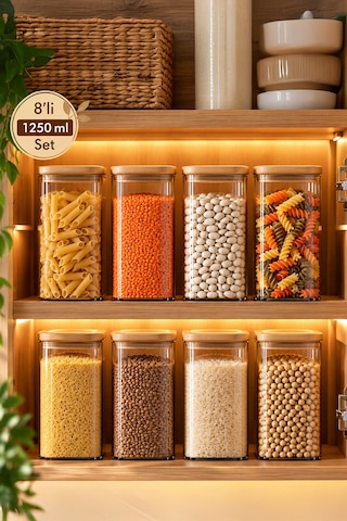 Porsima 6-4 Bambu Vakumlu Kapaklı Kare Borsilikat Cam 8li Kavanoz Seti Saklama Kabı 1250ml 9,5x15cm