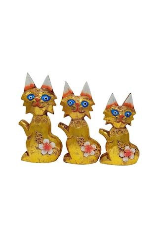 Ahşap Simli Üçlü Kedi Dekoratif Biblo No.2 17 Cm