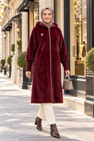 Hb Harma Time Butik Kadın Fermuarlı Kapüşonlu Angora Bordo Kürk Kaban