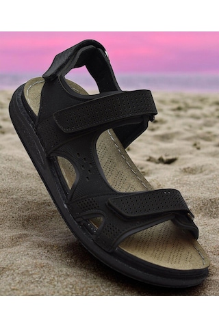 240105 Ortopedik Taban Erkek Sandalet Erkek Cırtlı Sandalet Siyah