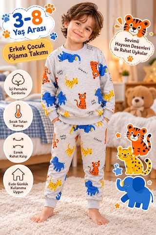 Üç Gül Ticaret Erkek Çocuk 3-8 Yaş Sevimli Hayvan Desenli Pijama Takımı İçi Pamuklu Şardonlu Gri