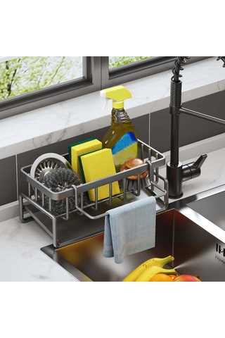 Honmex Gri Paslanmaz Çelik Mutfak Lavabo Organizatörü - Otomatik Su Akışı + Tüyler Çekme Çubuğu Detaylı Depolama Gri