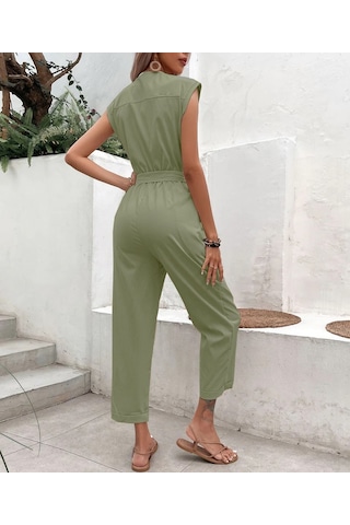 Keten Kadın V Yaka Tek Sıra Düğmeli Kolsuz Tulum 001