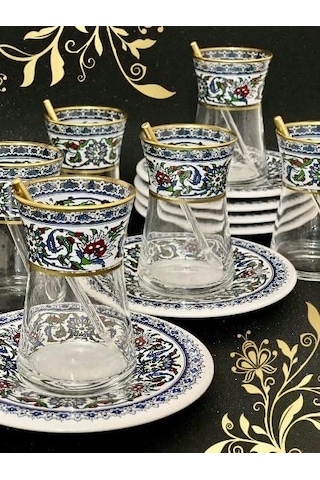 Heybeli Altın Bitkisel Çini Model 6 Kişilk Çay Seti Çok Renkli