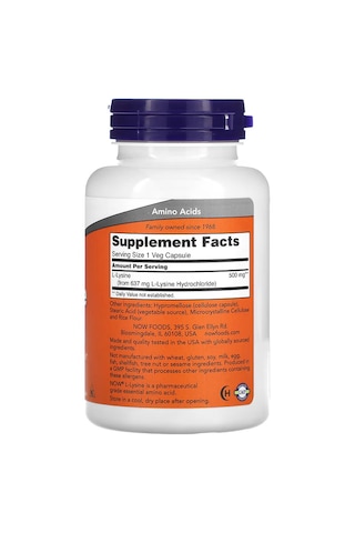 Now Foods L-lysine Lizin 500 Mg 100 Veg Caps Aromasız