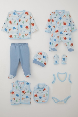 Breeze Erkek Bebek Hastane Çıkışı 8 Li Sevimli Deniz Hayvanları Desenli 0-3 Ay, Beyaz Beyaz