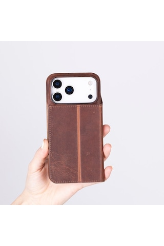 Apple iPhone 17 Pro İçin, Hakiki Deri, El Yapımı, Cüzdanlı Slim Kılıf, Mag Safe İle Uyumlu, İç Yüzeyi Kadife, Antik Kahve